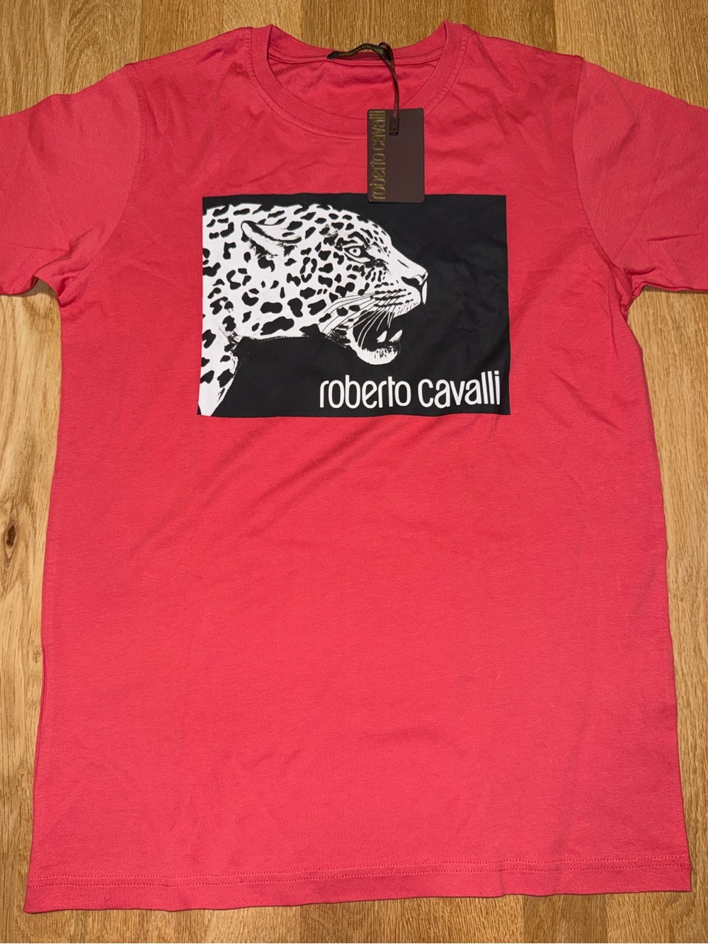 Roberto Cavalli Men's Coral Short Sleeve Tee with Black & White Leopard Print